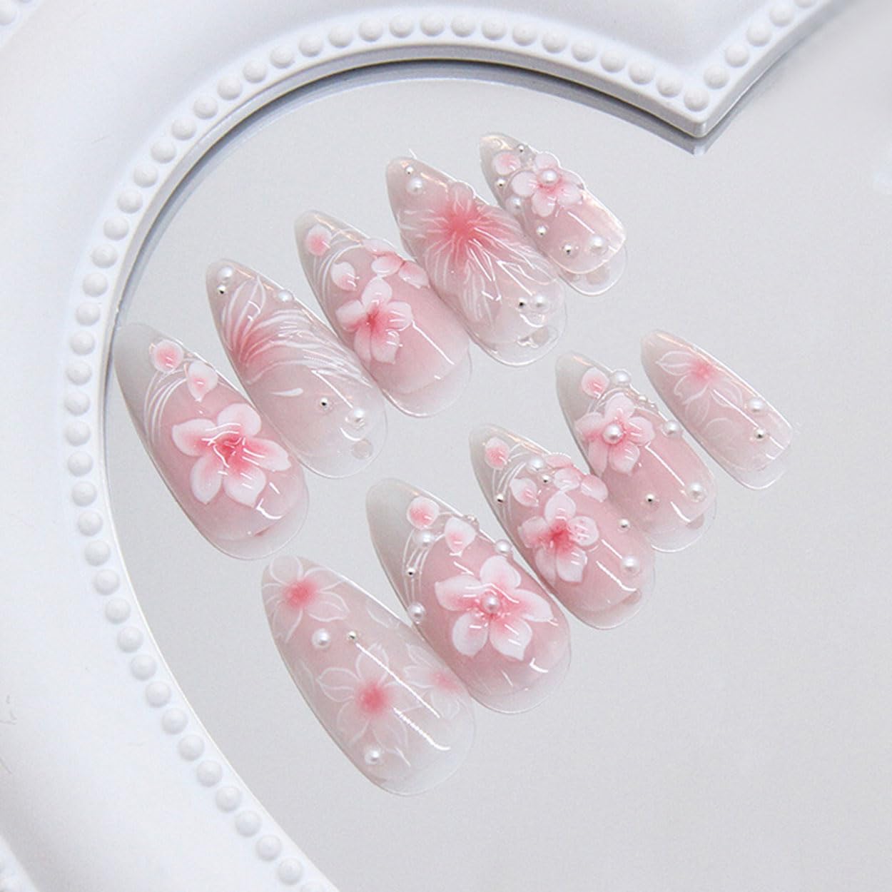 Press on Nails Almond Medium Pink Fake Nails French Tip False Nails Press ons with Flowers Design Glue on Nails Artificial Acrylic Nail Art Glossy Full Cover Stick on Nail Supplies for Women 24Pcs