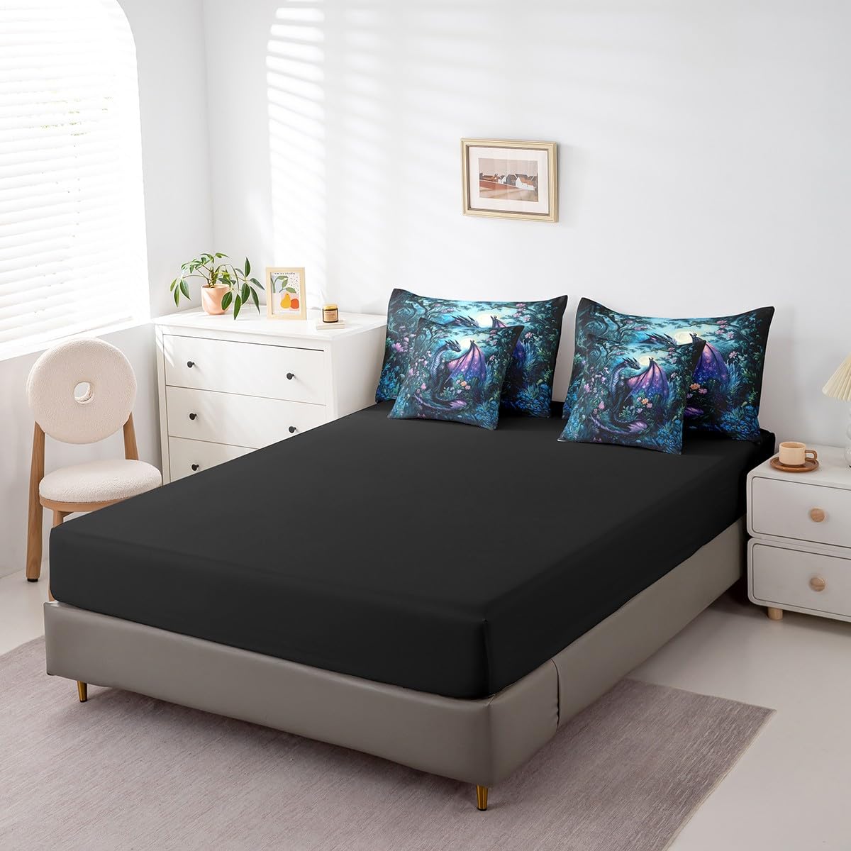 Feelyou Dragon Comforter Set with Sheets Twin Size Dragon Stuff Bed in a Bag for Boys Girls Teens Wild Life 7 Pieces Bedding Set Jungle Dragon Bed Set Room Decor Balck Blue