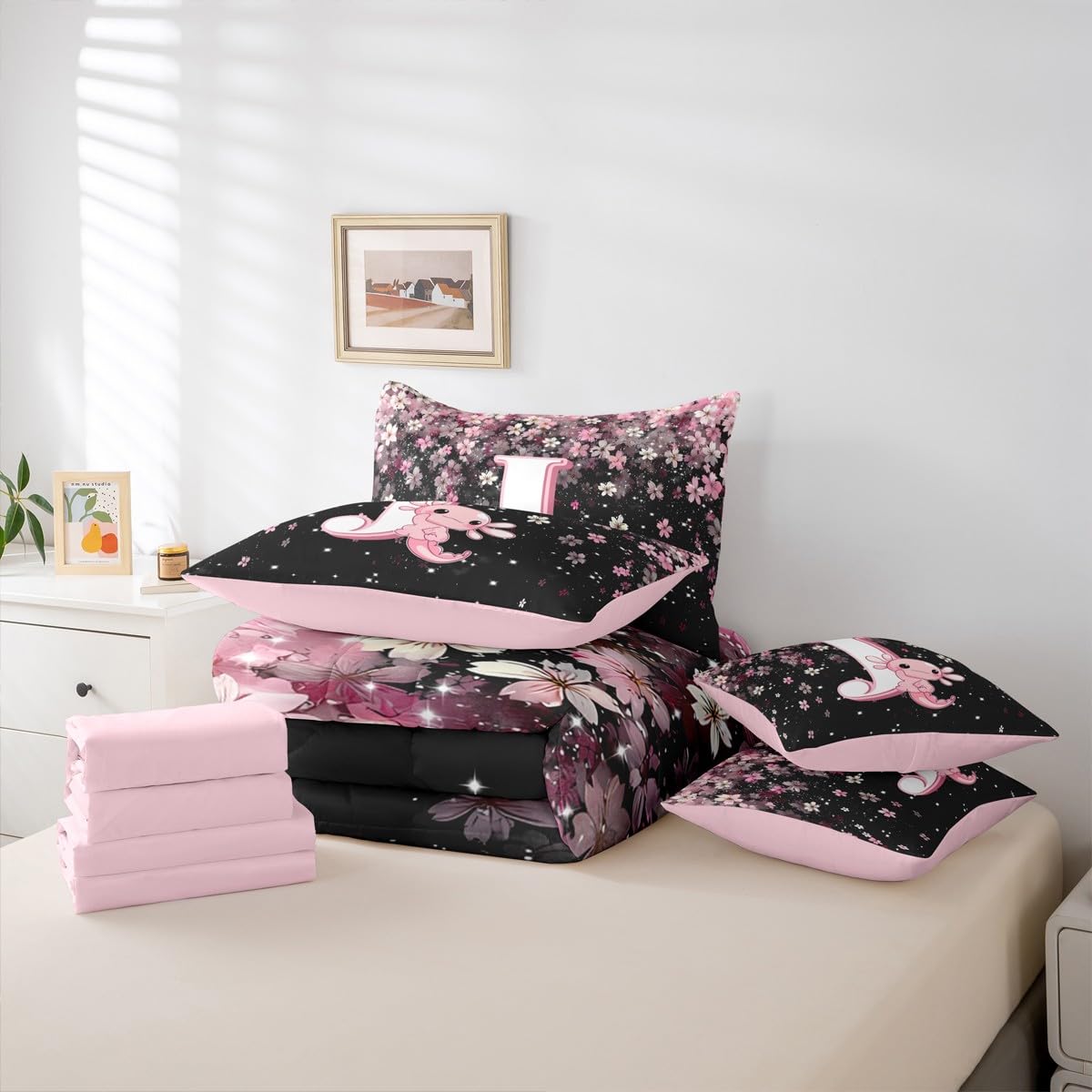 Erosebridal Twin Size Cute Axolotl Bed in A Bag 7 Pieces for Kids Girls Teens | Initial Letter J Comforter Set with Sheets Japanese Cherry Blossom Bedding Set with Flat Fitted Sheets (Pink and White)