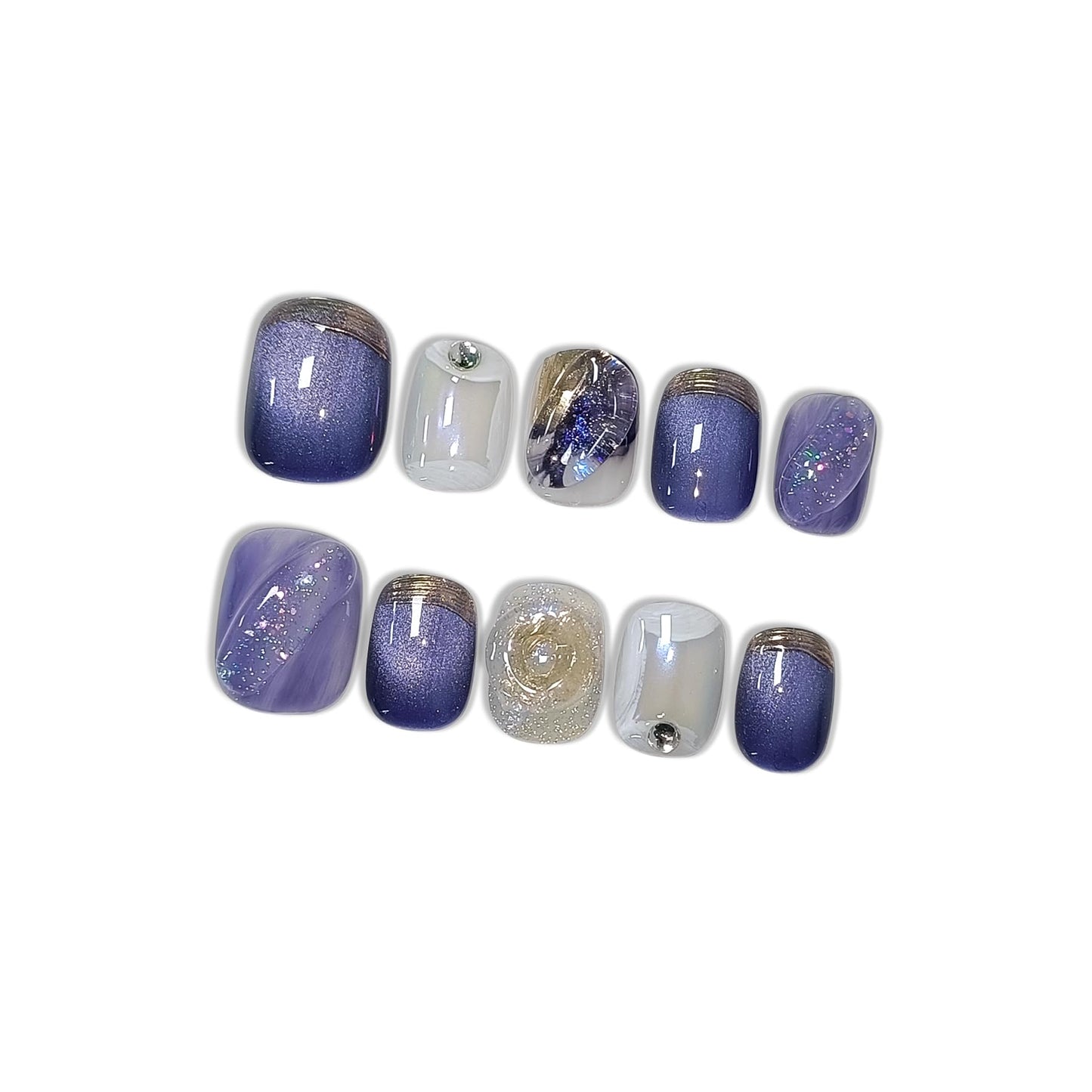 Hantyer 10pcs Press on Nails, Short Squoval Fake Nails, Blue Cat Eye Ombre with Golden Bling Edge, Glossy Finish Handmade Nails Sweet Style, Reusable for Party (Size M)