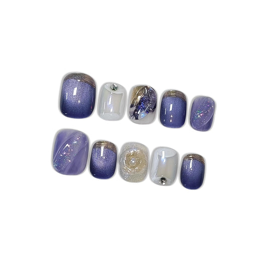 Hantyer 10pcs Press on Nails, Short Squoval Fake Nails, Blue Cat Eye Ombre with Golden Bling Edge, Glossy Finish Handmade Nails Sweet Style, Reusable for Party (Size M)