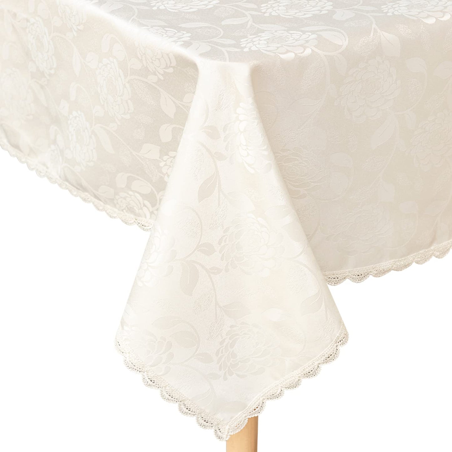 GLORY SEASON Textured Tablecloth Waterproof Spillproof Lace Trim Rectangle Damask Fabric Table Cloth for Wedding Kitchen Dinning Tabletop Decoration,Oblong Table Cover 55 x 86 Inch, Ivory White