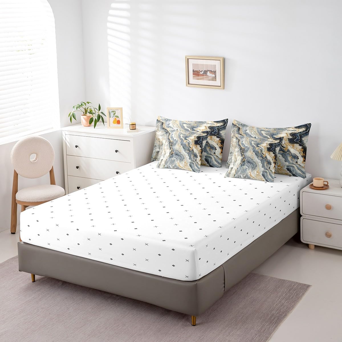 Erosebridal Marble 7 Pcs Comforter Set Queen Size Ink Fluid Bedding Modern Marbling Art Bed in A Bag for Kids Adults Luxury Stone Liquid Blue Gold Abstract Bed Set