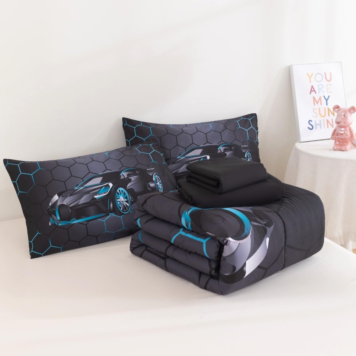 Podol 5 Pieces Race Car Comforter Set Twin Size Blue Sports Car Bedding Sets for Boy 3D Geometric Bed in a Bag with 1 Comforter, 2 Pillowcases, 1 Flat Sheet and 1 Fitted Sheet