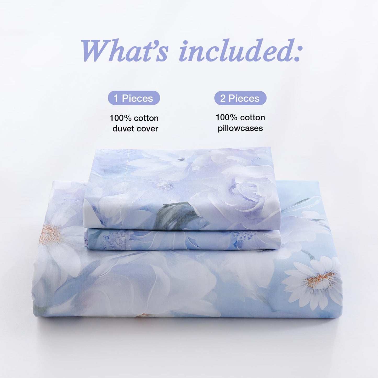 Ocharo Floral 100% Cotton Duvet Cover King Size,Reversible Blue White Daisy Comforter Cover with Zipper Closure,Soft 3 Pieces Luxury Cotton Bedding Sets with 2 Pillow Shams (20"x36")
