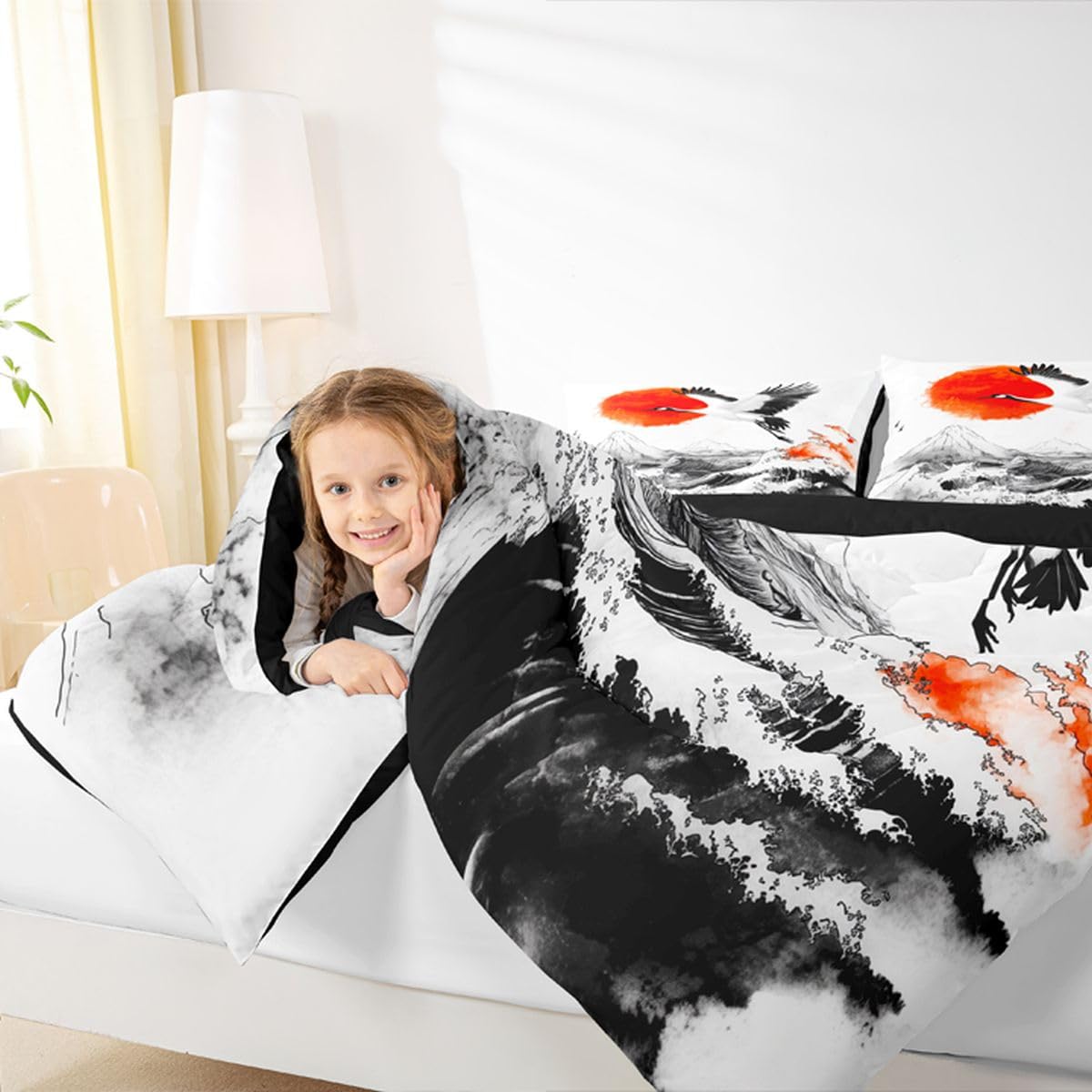 jejeloiu Wave Comforter Set All Season Cranes Bedding Set with 2 Pillow Cases Japanese Style Microfiber Kids Queen Bedclothes Red Sun Bedroom Decor Duvet Quilt Breathable Soft Lightweight