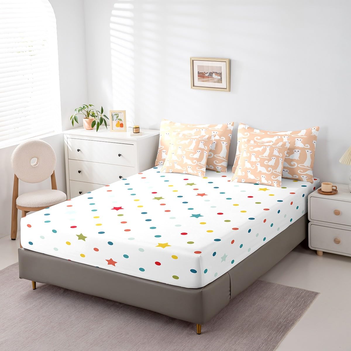 White Ferret 7 Piece Comforter Set Full Bed in a Bag,Kawaii Bedding Sets Cute Wild Animals Comforter and Sheet Set,Cartoon Wildlife Pet Minks Weasel Animal Room Decor