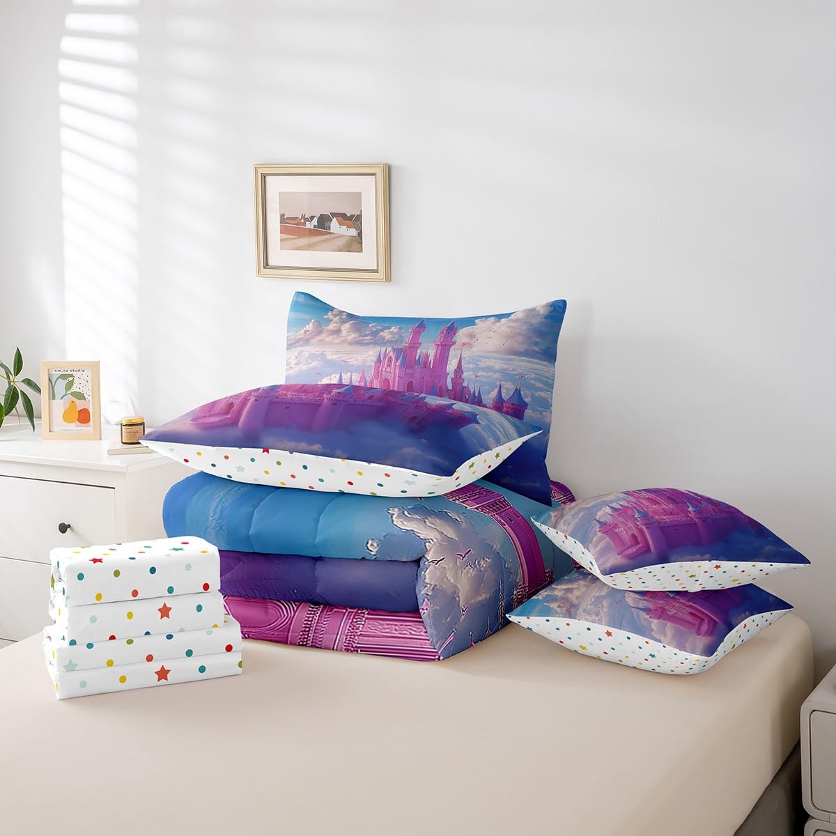 Erosebridal Princess Castle Comforter Set King,Girls Dreamy Fairy Tale Bedding Set 7Pcs for Kids Boys Teens,Fantasy Sky Cloud Bed in a Bag