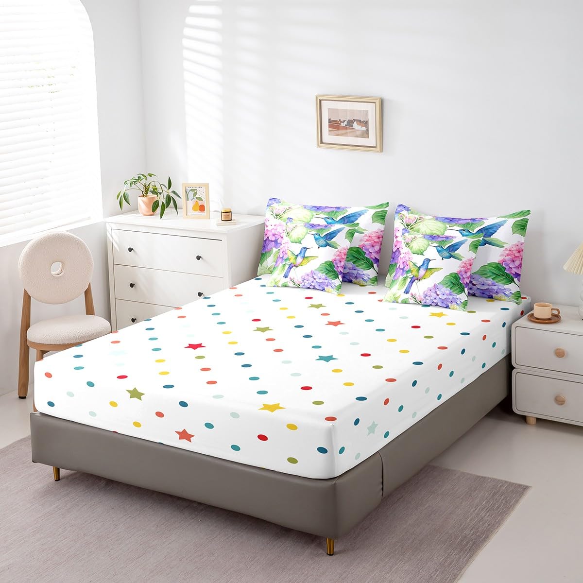 7 Piece Hummingbird Twin Bed in a Bag for Girls Women Blue Hydrangea Print Sheet Set Twin, Cute Animal Birds Purple Flowers Bedding Set with Comforter Rustic Farmhouse Theme Cushion Covers