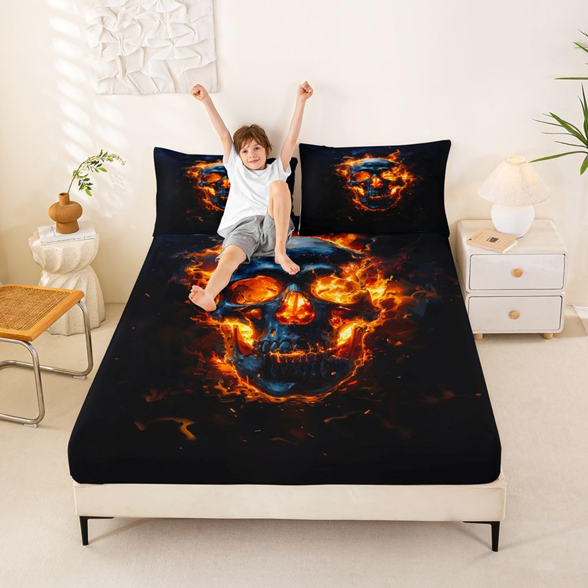 Feelyou Sugar Skull Bed Sheets Set Full Size Halloween Themed Deep Pocket Fitted Sheet Flame Bedding Sets Goth Soft Bed Set 4Pcs with 2 Pillow Cases Cemetery