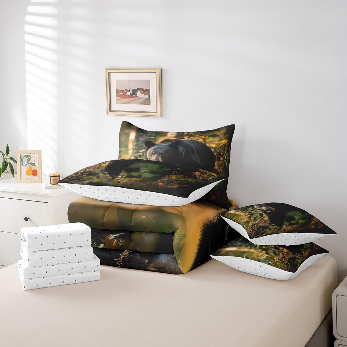 Erosebridal Black Bear Bedding Sets 7 Piece Twin 3D Wildlife Print Comforter Set for Teens Adults Farmhouse Woodland Bear Quilt with Flat Fitted Sheet Nature Jungle Animal Bed in A Bag,Black
