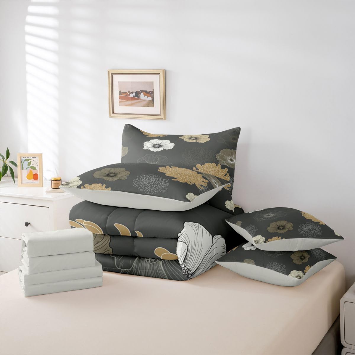 Feelyou Floral Flower 7 Piece Bedding Set Grey Brown Comforter Set with Sheets for Kids Boys Girls Poppy Flower Hydrangea Bed in a Bag Damask Print Bed Set Soft Lightweight