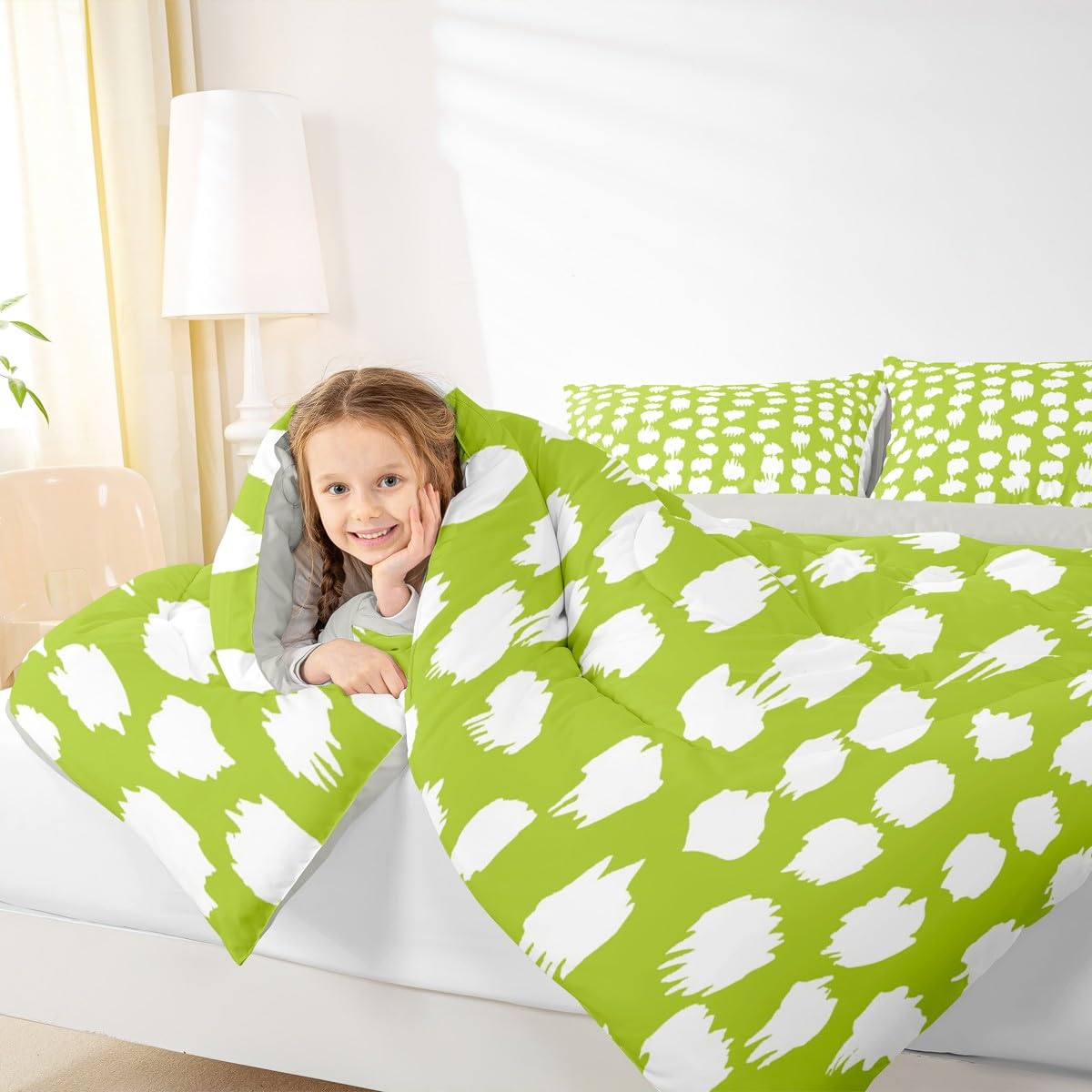 Erosebridal Lime Green Comforter Set Abstract Polka Dots Bedding Set Queen Size Boho Circle Down Comforter for Kids Boys Girls Adults Lime Green Brush Stroke Spots Quilt Duvet Fashion Room Decor