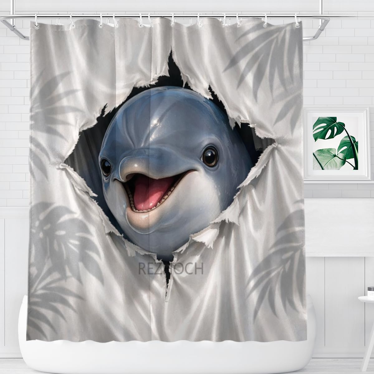 REZHOCH Cute Dolphin Shower Curtain 72x72Inch Fun Animal Hole Peeking Bath Curtain Waterproof Fabric Grayish White Rainforest Leaves Kid Adult Home Bathroom Decor with Hooks