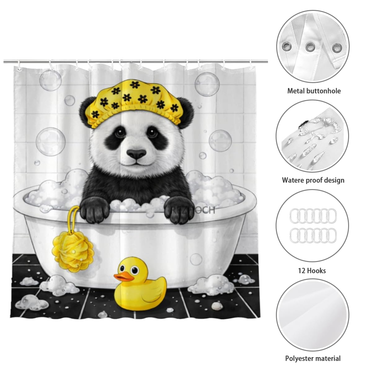 REZHOCH Cute Panda Shower Curtain 72x72Inch,Funny Animal Bathtub Bathing Yellow Shower Cap Rubber Duck Home Bathroom Decor Bath Set for Kids Waterproof Fabric with 12 Hooks