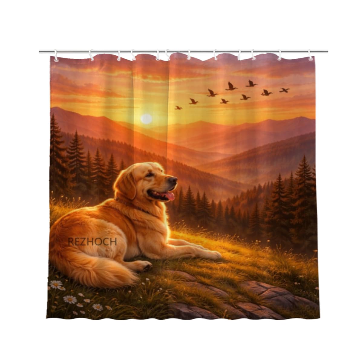 REZHOCH Funn Animal Shower Curtain 72x72Inch,Cute Golden Retriever Sunset Mountain,Nature Forest Warm Spring Sky Birds Bath Set,Waterproof Fabric Home Bathroom Farm Decor with Hooks