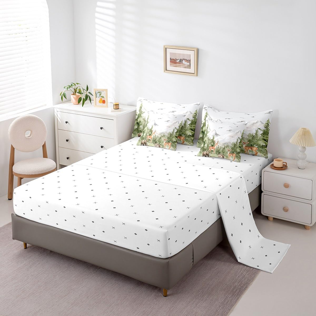 Erosebridal Giant Mountain Forest 7 Piece Comforter Set Twin Woodland Deer Bear Hedgehog Birds Bedding Set Jungle Wild Animal Pine Trees Comforter Wildlife Hunting Botanical Sheets for Kids Boys