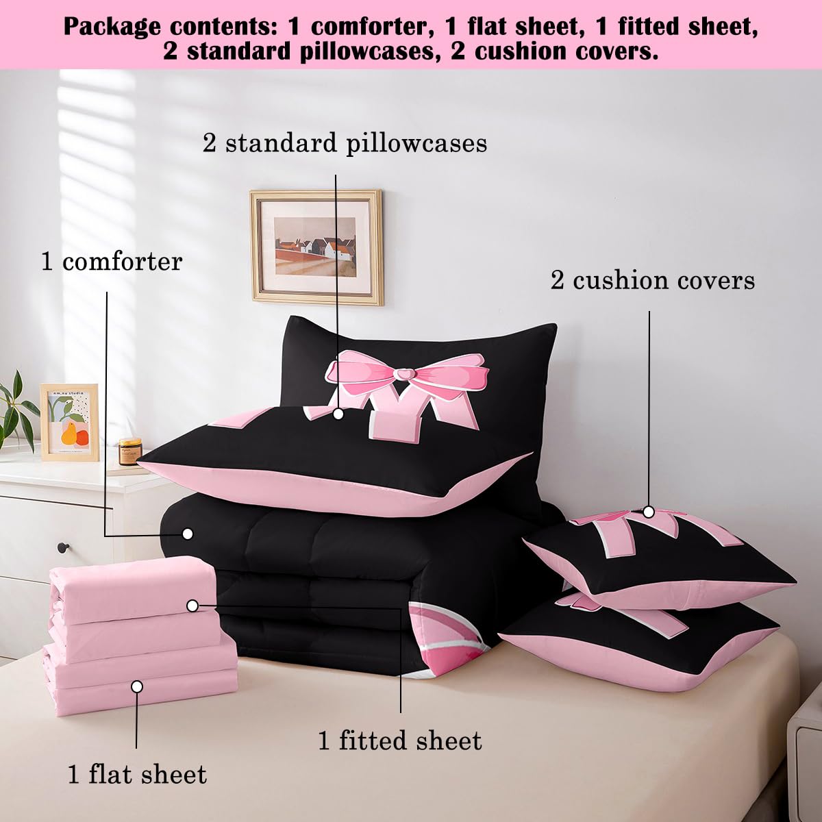 jejeloiu Kawaii Pink Bow Twin Comforter Set with Sheets,Gifts for Women Teen Girl,Personalized Initial Letter M 7 Piece Bedding Set,Soft Monogrammed Bed in a Bag with Comforter,Sheets,Pillowcases