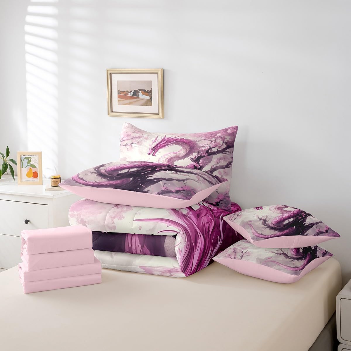7 Pieces Cherry Flower Dragon Comforter Set Queen,Japanese Style Blossom Bed Set for Kids Boys Girls,Pink Dragon Bedding(1 Comforter,1 Fitted Sheet,1 Flat Sheet,2 Pillowcases,2 Throw Pillow Cover)