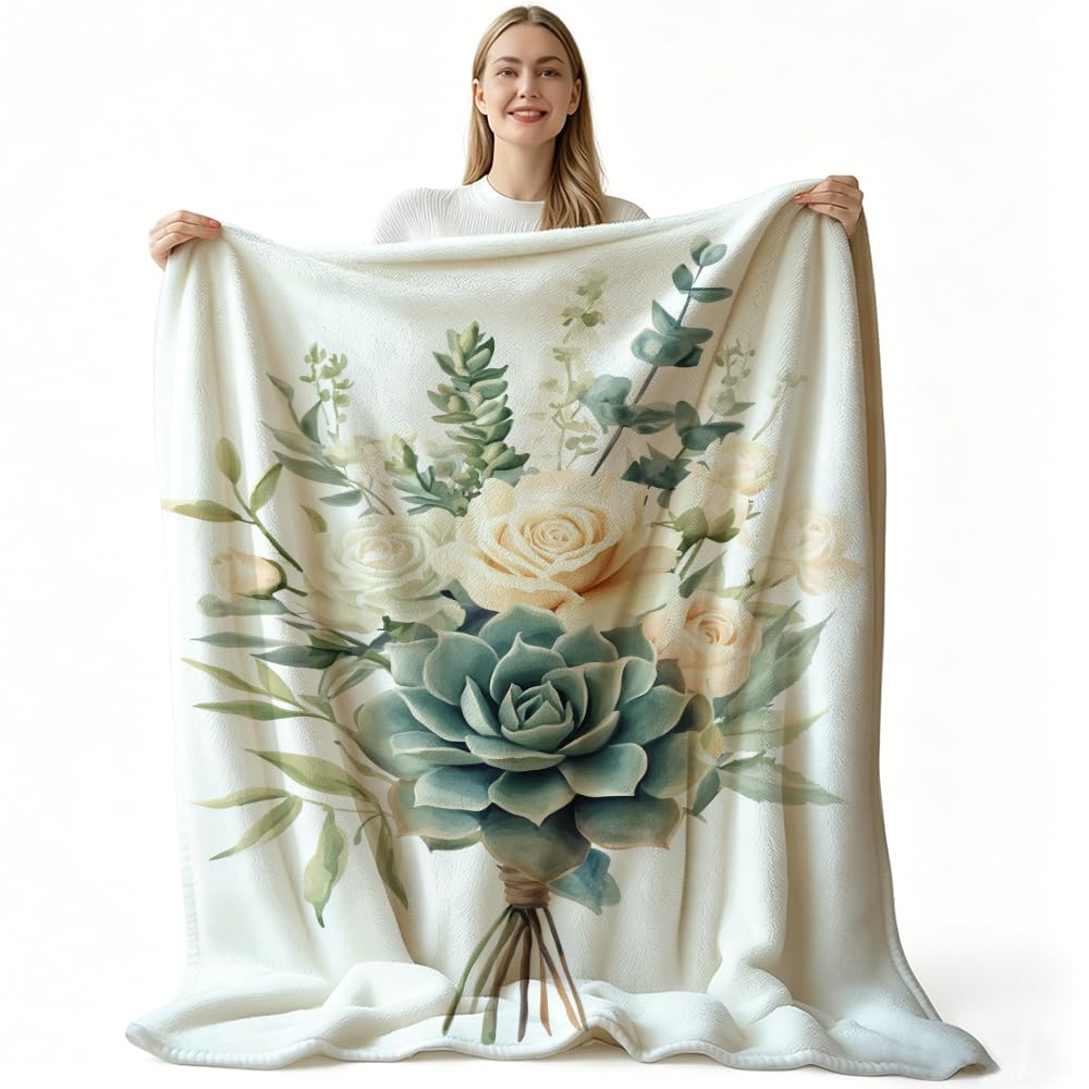 HUNXIAOJ Botanical Throw Blanket Green Leaves Blanket Plant and Floral Decor Botanical Bedding Warm Soft Flannel for Bed Sofa Couch (49in x 59in)