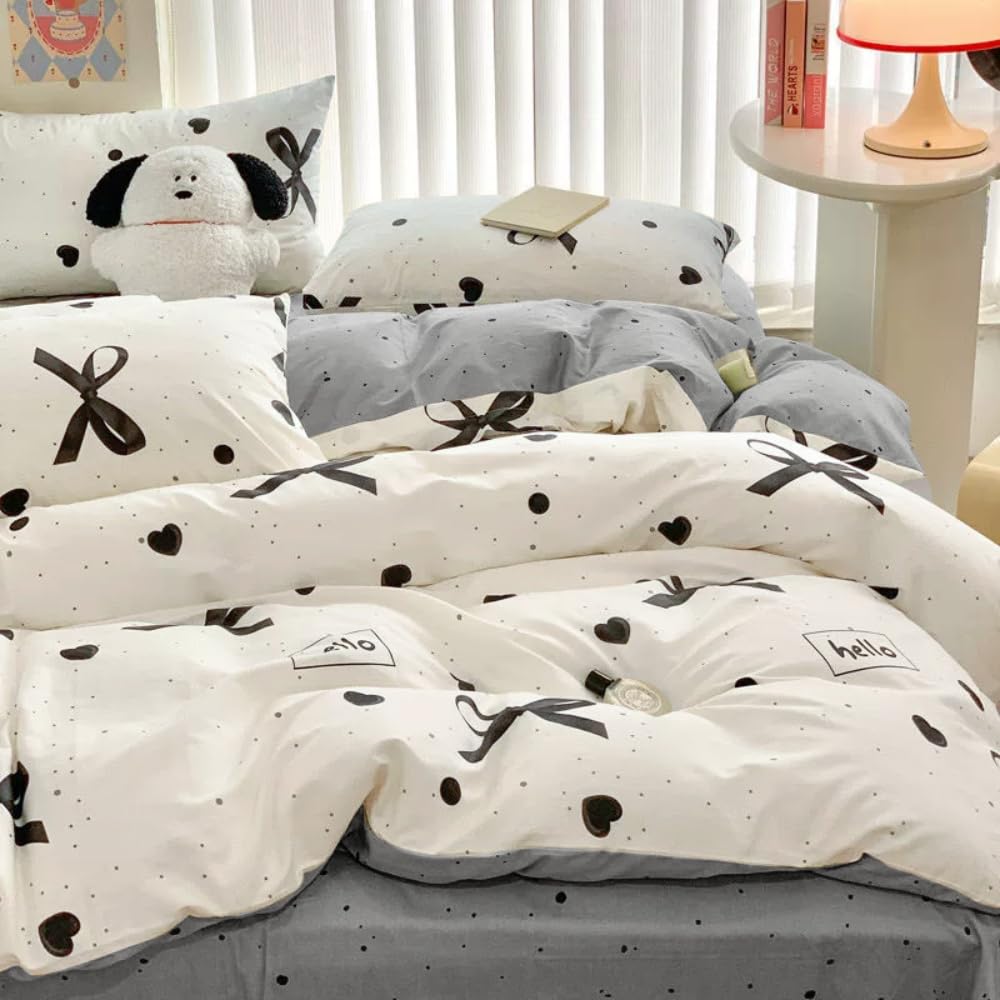 Sedefen Bow Duvet Cover Queen Size Heart Bows Printed Duvet Cover Set 3 Pcs Kids Girls Cute Love Pattern Dot Reversible Bedding Set with Zipper Ties Soft Breathable Microfiber