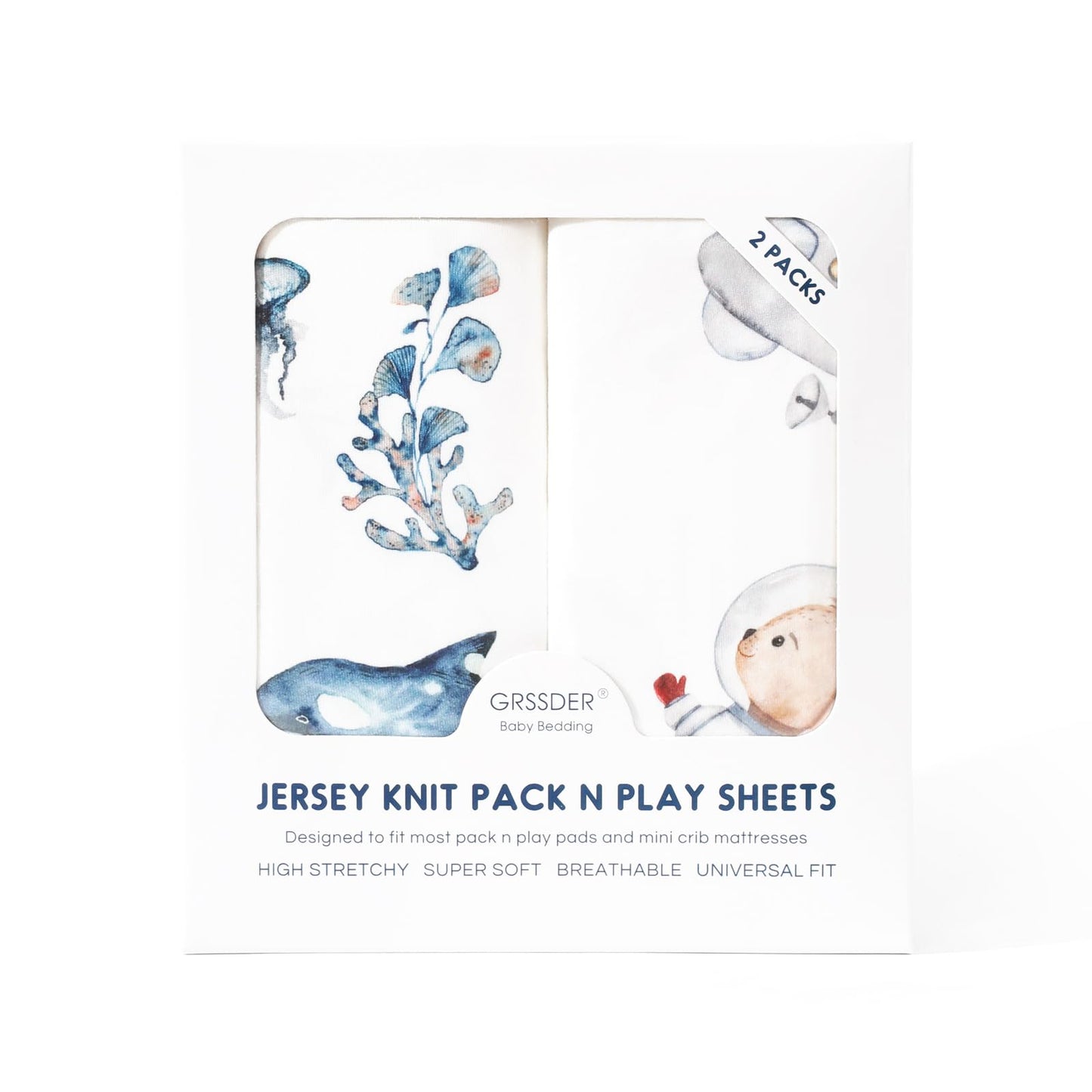 GRSSDER Stretchy Ultra Soft Jersey Knit Pack and Play Sheets 2 Pack, Portable/Mini Crib Sheets Universal Fitted for Playpen Mattress Safe and Snug, Cute Sea Fish & Space Print