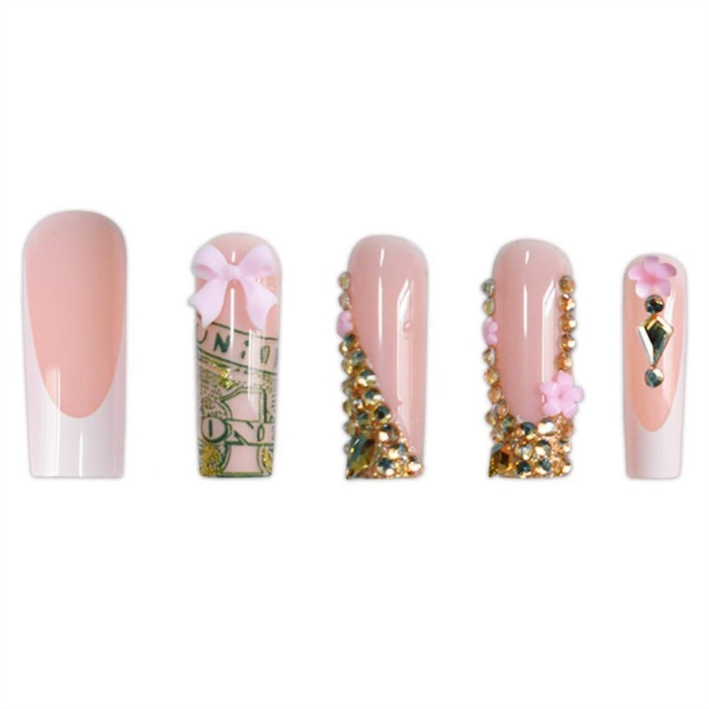 Long Press on Nails Square Fake Nails Extra Long Artificial Nail Rhinestones and Pink Bow Designs Stick on Nail for Women 24pcs