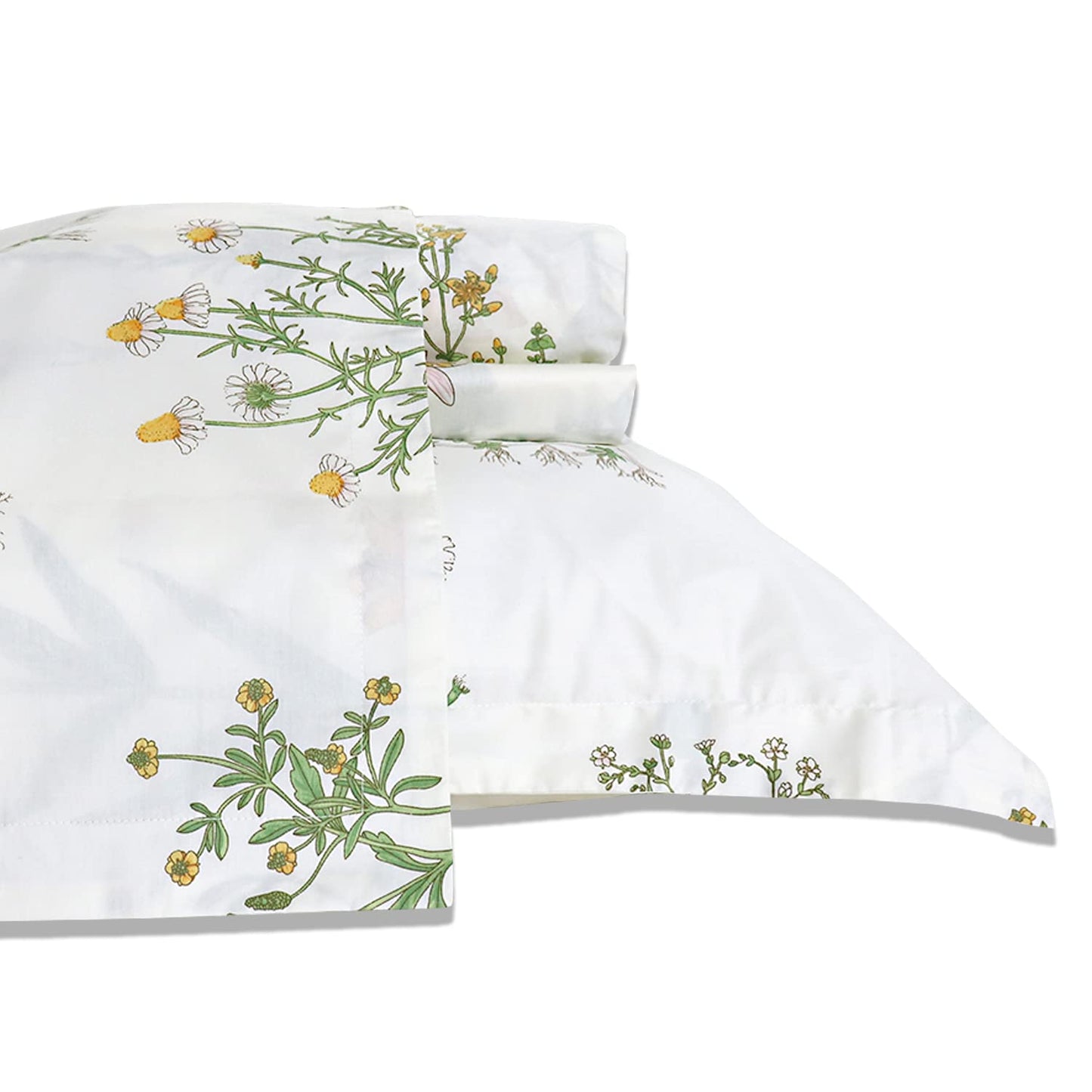FADFAY Floral Fitted Sheet Set 100% Cotton White Bedding Set Green Flower Printed Pattern Flat Sheet Sets Shabby Comfy Chic Bed Sheet Sets Hypoallergenic Cozy House Sheets (4 Pieces, Full Size)
