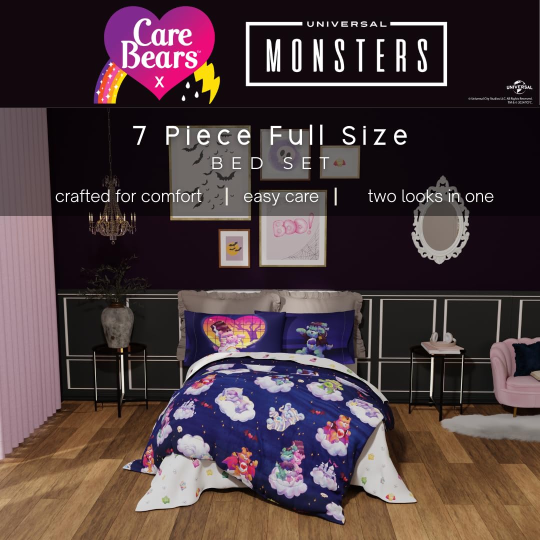 Care Bears x Universal Monsters Halloween Bedding 7 Piece Super Soft Cozy Reversible Comforter and Sheet Set with Sham, Full, (Officially Licensed Product) By Franco