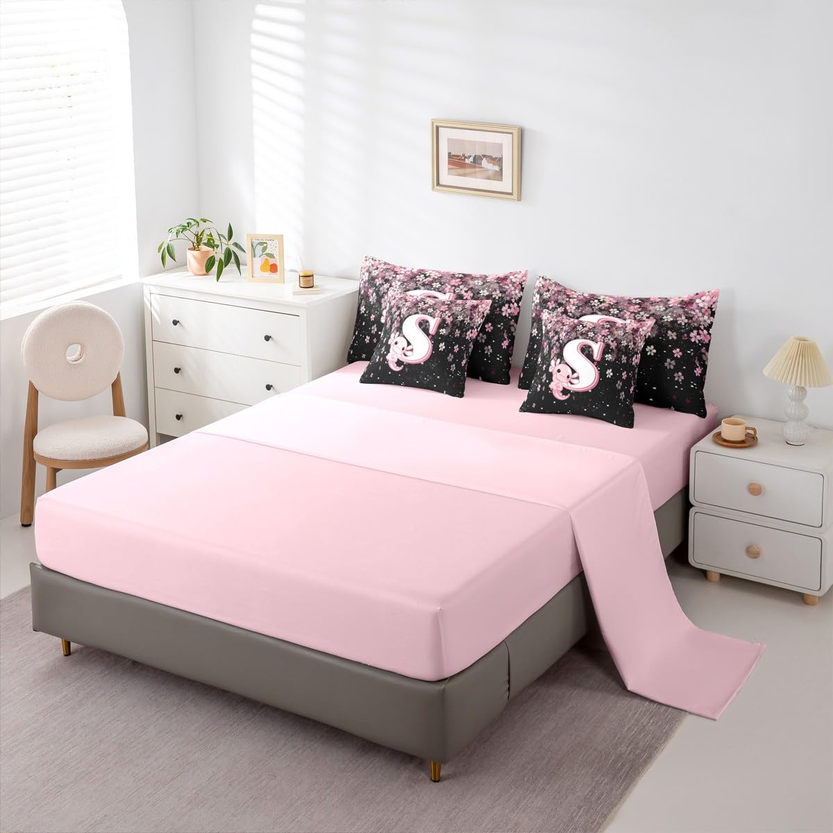 Erosebridal Japanese Cherry Blossom Bedding Set (Twin Size,7 Pieces) Cute Initial Axolotl Comforter Set with Sheets for Teen Girl Pink Axolotl Bed in A Bag with Letter S Design Monogram Duvet Insert