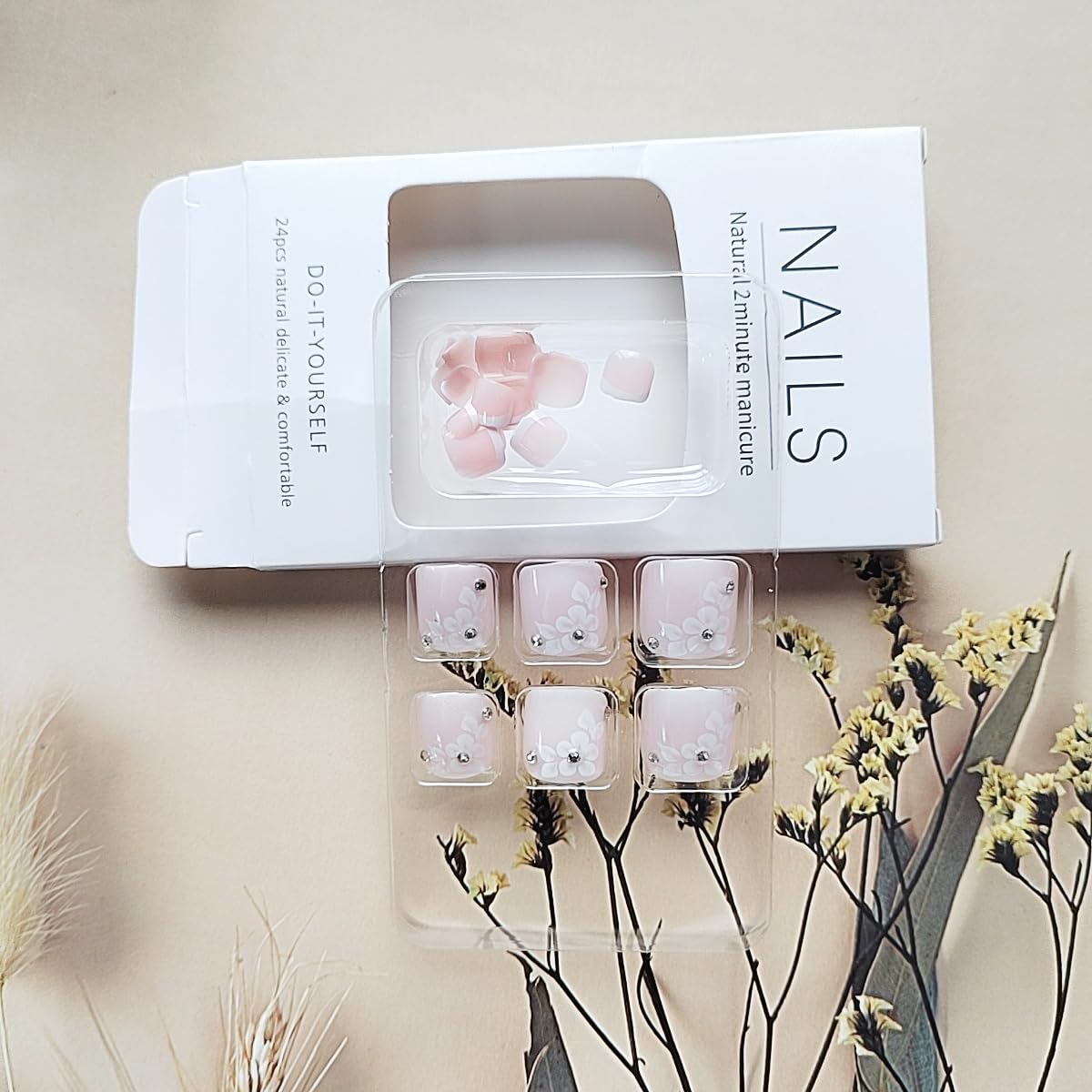 French Tip Press On Toenails, 24 Pcs Short Square Toe Press On Nails with Rhinestone Flower Design, Solid Pink Gradient Full Cover Fake Toenails Glue On Toe Nails Kit for Women-Gradient French Flower