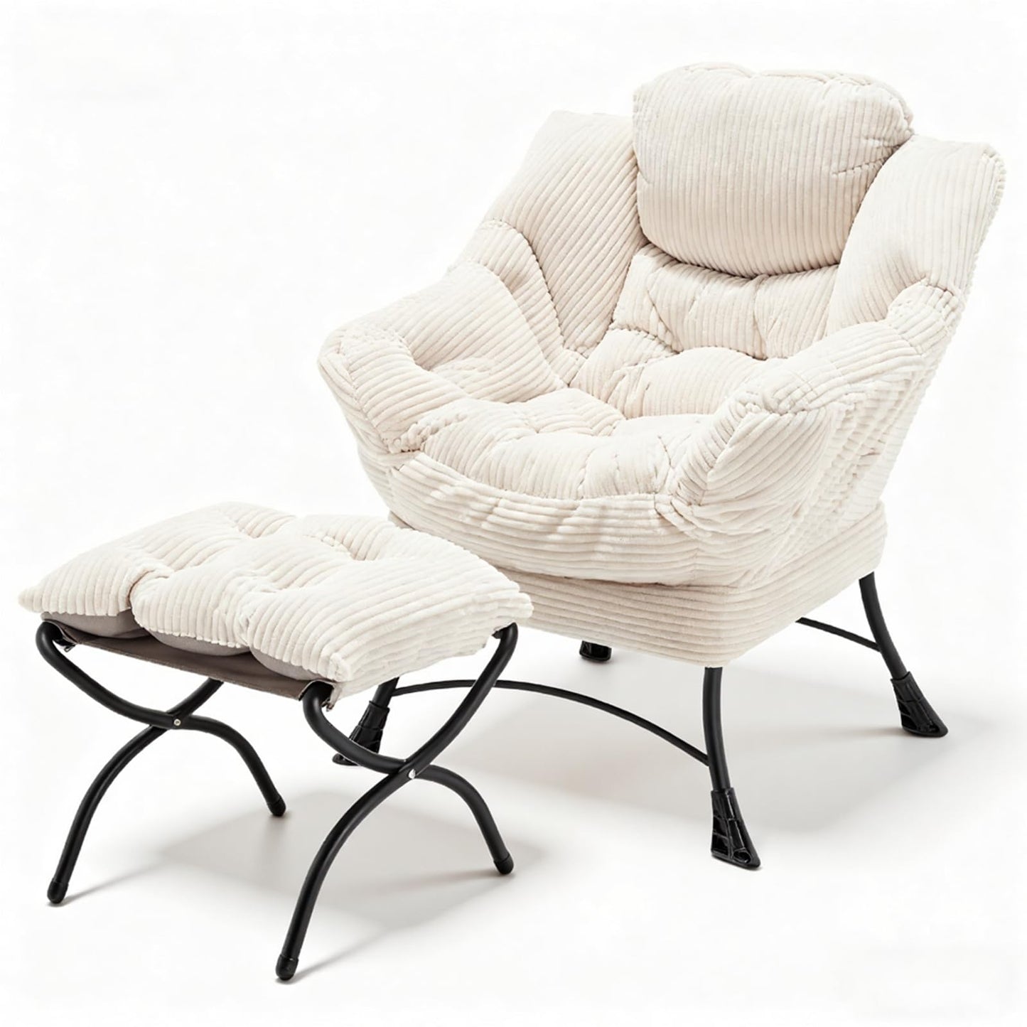 Oversized Lazy Chair with Ottoman for Adults, Chair and Ottoman Set Modern Skinny Lounge Chair with Footrest, Wide Reading Chair for Living Room, Comfy Accent Armchair for Small Spaces, White