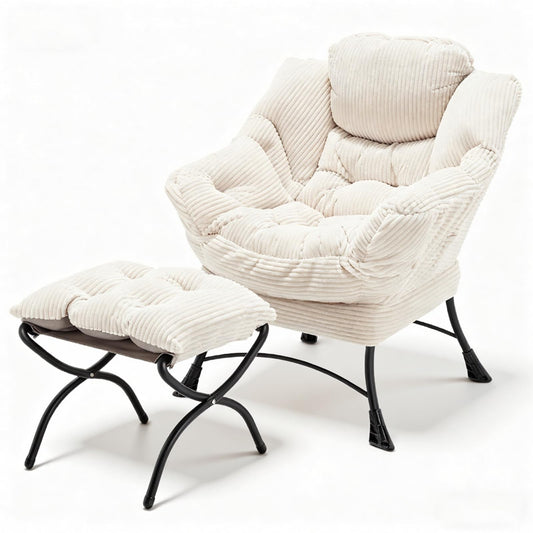 Oversized Lazy Chair with Ottoman for Adults, Chair and Ottoman Set Modern Skinny Lounge Chair with Footrest, Wide Reading Chair for Living Room, Comfy Accent Armchair for Small Spaces, White