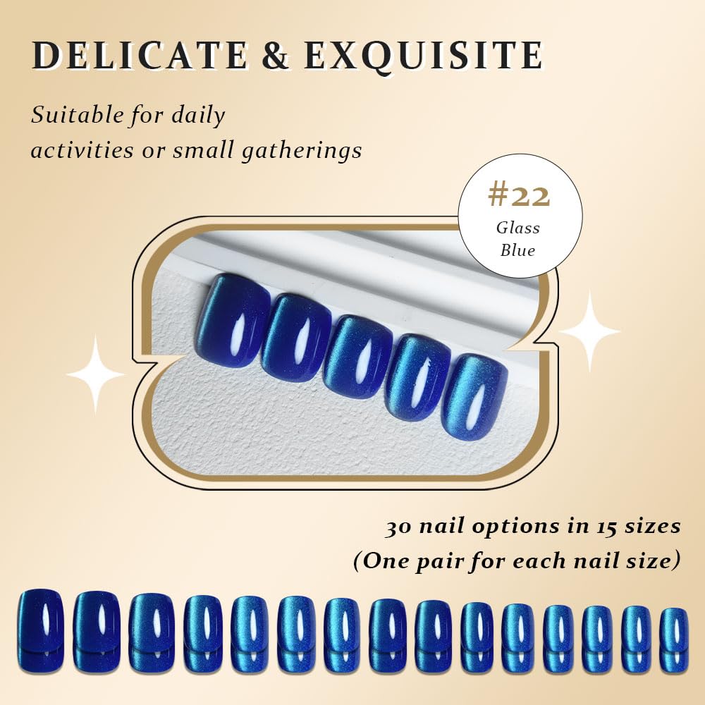 evpct Blue Cat Eye Extra Short Square No Glue Press on Nails, Petite Short Square Stick on Nails for Women Gift, Blue Glossy Glitter Fake Nail Reusable, Soft Press on Acrylic False Nail with Designs