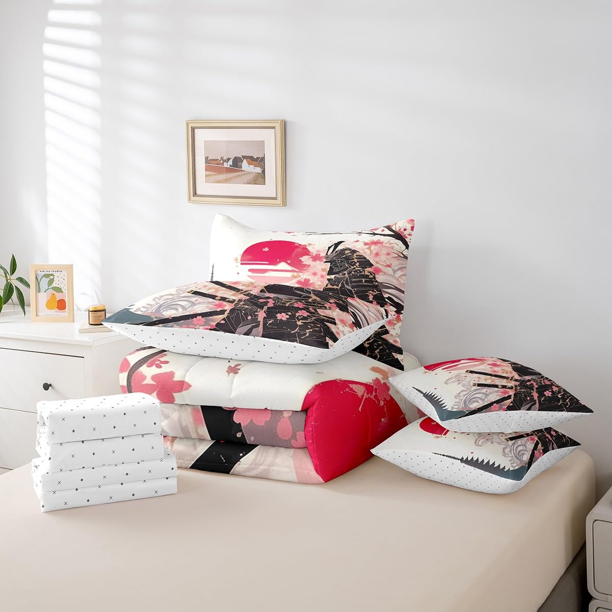 Erosebridal Japanese Samurai Queen Comforter Set,Pink Cherry Blossom Bedding Set with Sheets,Oriental Theme Bed Set 7 Piece for Kids Boys Men,Aesthetic Floral Bed in a Bag with Fitted+Flat Sheet