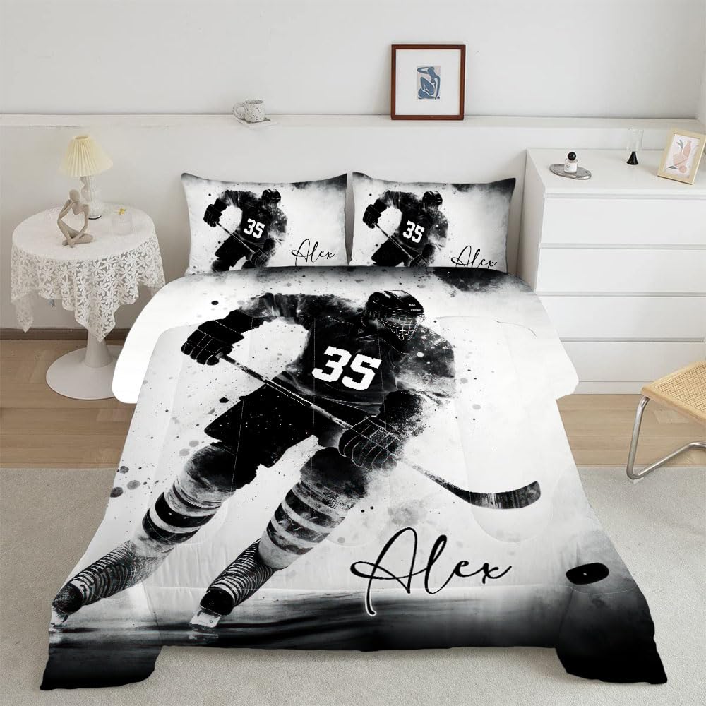 WAZARO Custom Amazing Ice Hockey Comforter Set, Personalized Hockey Bedding Twin Full Queen King, Hockey Decorations for Boys Room Bedspreads Sport Home Decor (Black & White Hockey Art)