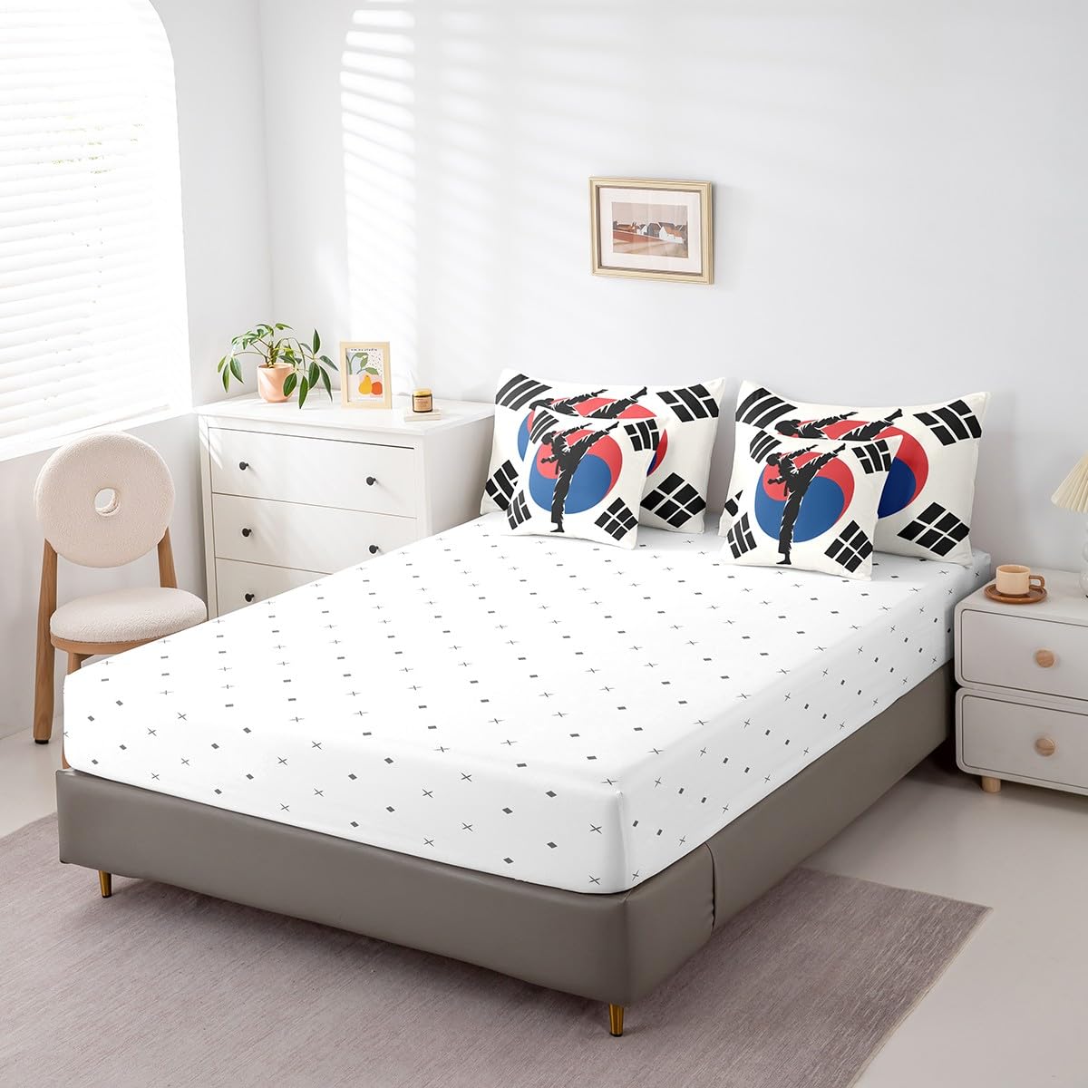 Feelyou Kids Taekwondo Comforter Set Full Size 7 Pieces Boys Girls Kungfu Karate Bedding Set Martial Art Korean Flag Style Bed in a Bag with Comforter, Sheets, Pillowcases & Cushion Cover