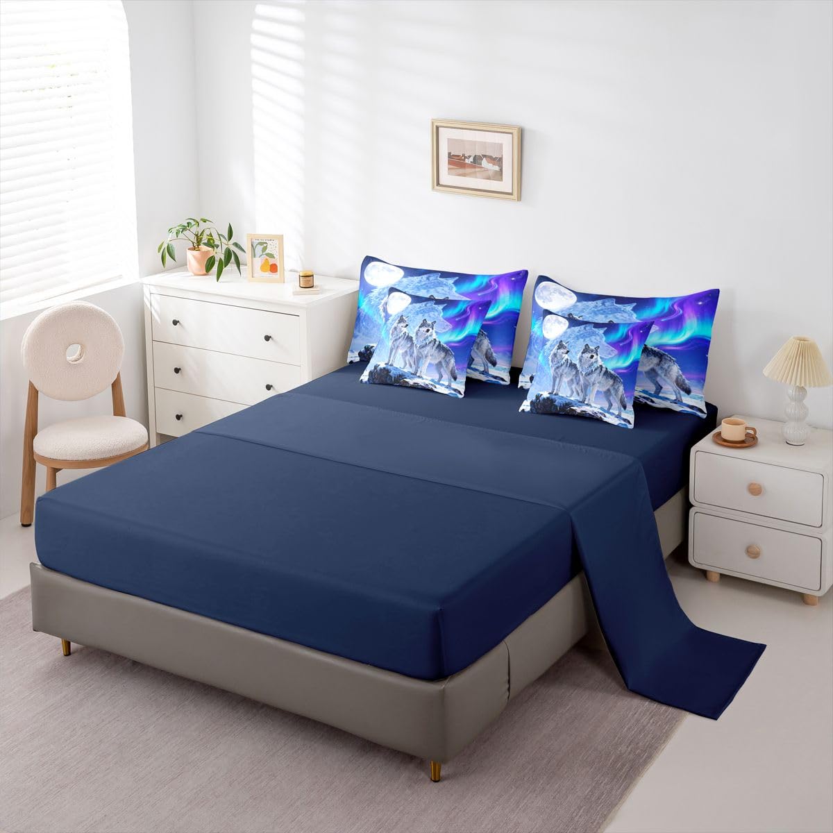 Feelyou Wolf Comforter Set with Sheets 7 Piece Queen Size Wolves Howling Bed in a Bag Kids Boys Girls Western Farmhouse Bedding Set Wild Animal Bedroom Decor Breathable Soft Microfiber