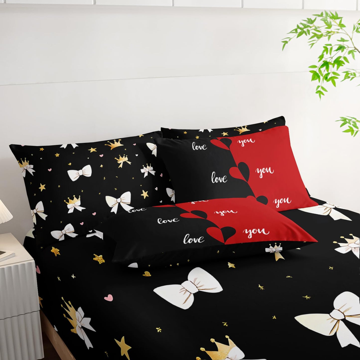 AILONEN Red Black Love Comforter Set Full Size,7-Piece Soft Bed in a Bag,Valentine Couples Printed Comforter & Fitted Sheet & Flat Sheet & 2 Pillowcases,2 Pillow Shams for Bedroom