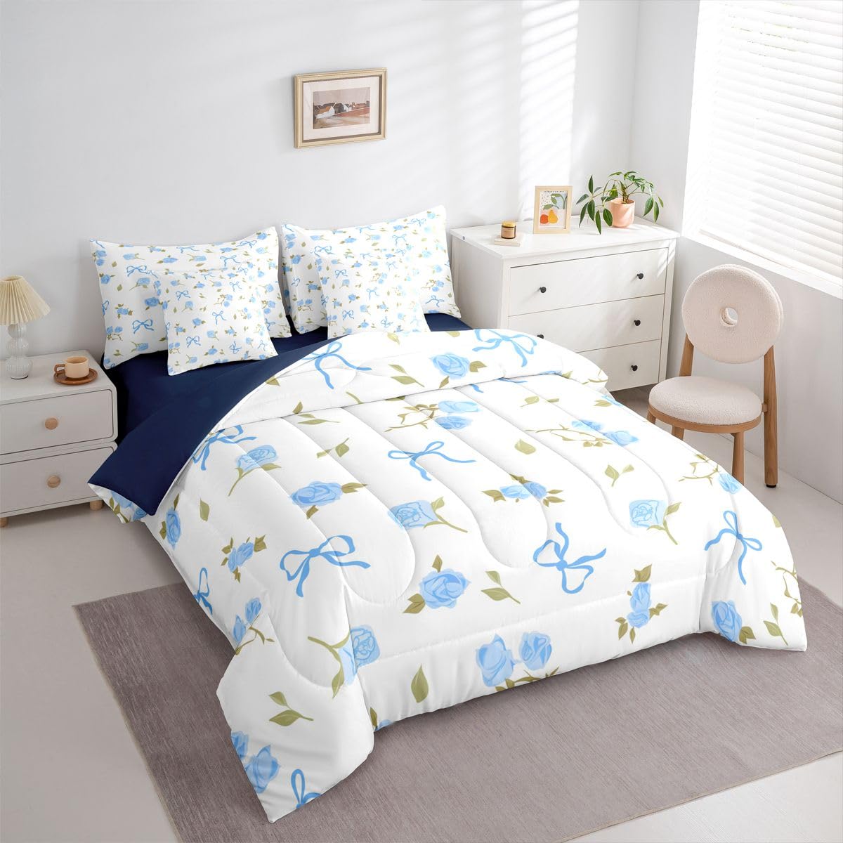Erosebridal Blue Bow Comforter Set Bow Tie Rose Floral Bed in A Bag Full Size 7 Pieces Girly Bed Set Room Decor Dreamy Kawaii Bedding with Sheets