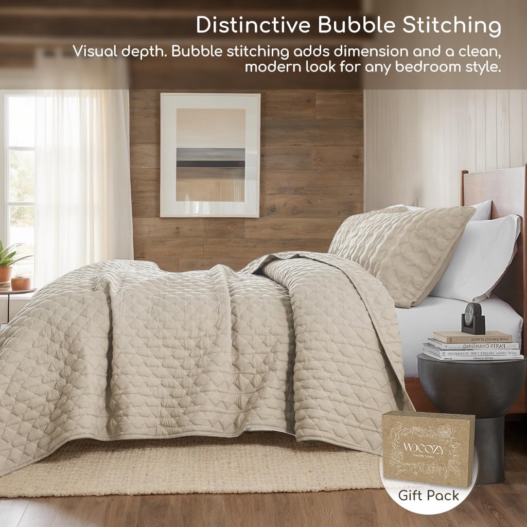Beige Quilt King Size Bedding Sets with Pillow Shams, Lightweight Soft Bedspread Coverlet, Quilted Blanket Thin Comforter Bed Cover, All Season Summer Spring, Tan Cream, 3 Pieces, 104x90 inches