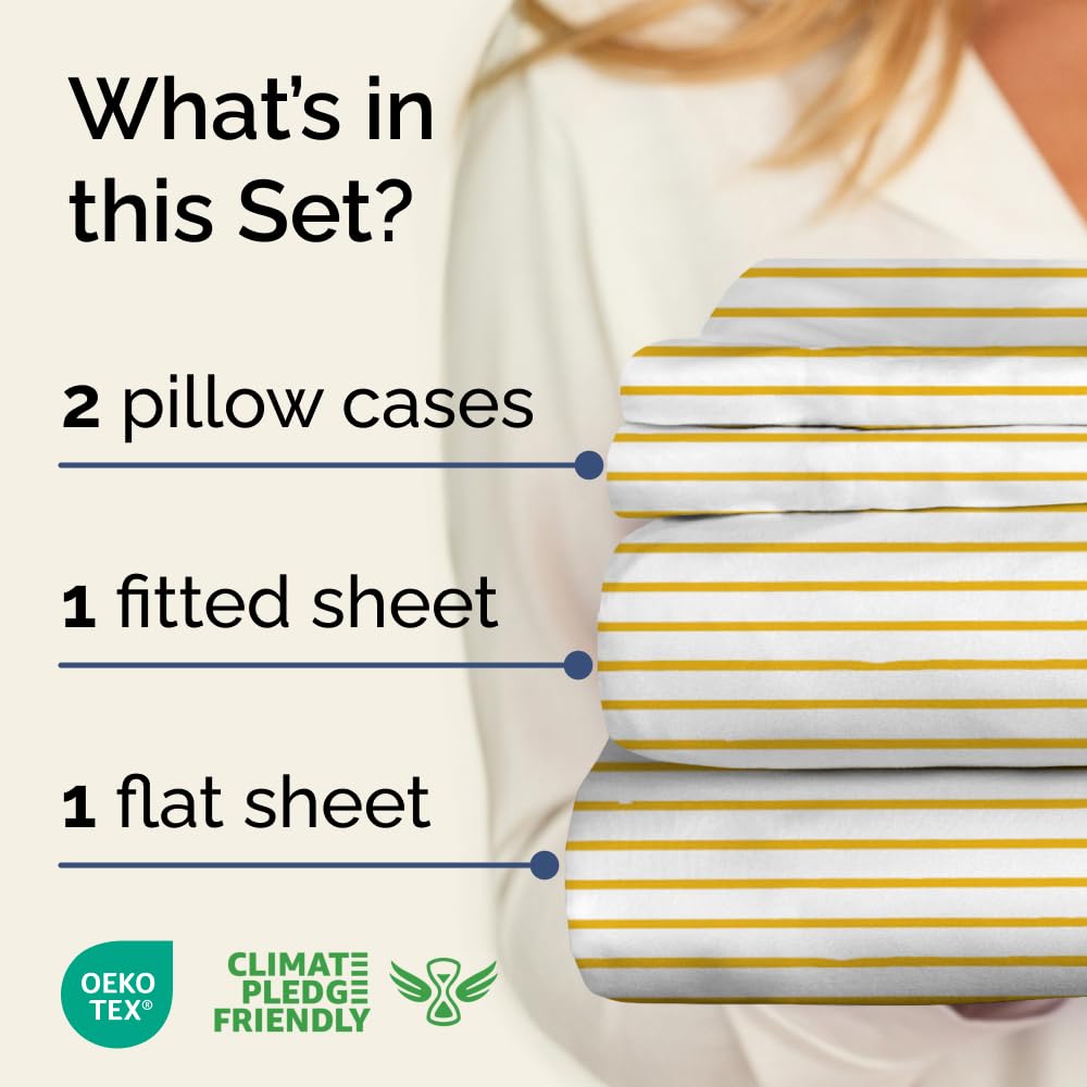 Yellow Striped Sheets - 1 Flat & 1 Fitted Sheet & 2 Pillowcases w/ Deep Pockets - Cozy, Wrinkle & Fade Resistant - Ultra-Soft, Comfy, Breathable & Cooling - Luxury Pinstripe Bedding - Queen Size