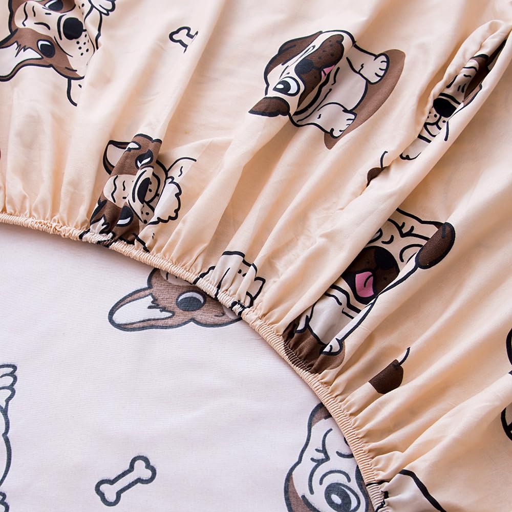 KWLOVER 2PC Soft Bed Fitted Sheet and Pillowcases Set,Cute Doggy Puppy Bulldog Pattern Printed Bed Sheets for Kids Boys Girls Twin Size Bed (Light Brown, Twin)