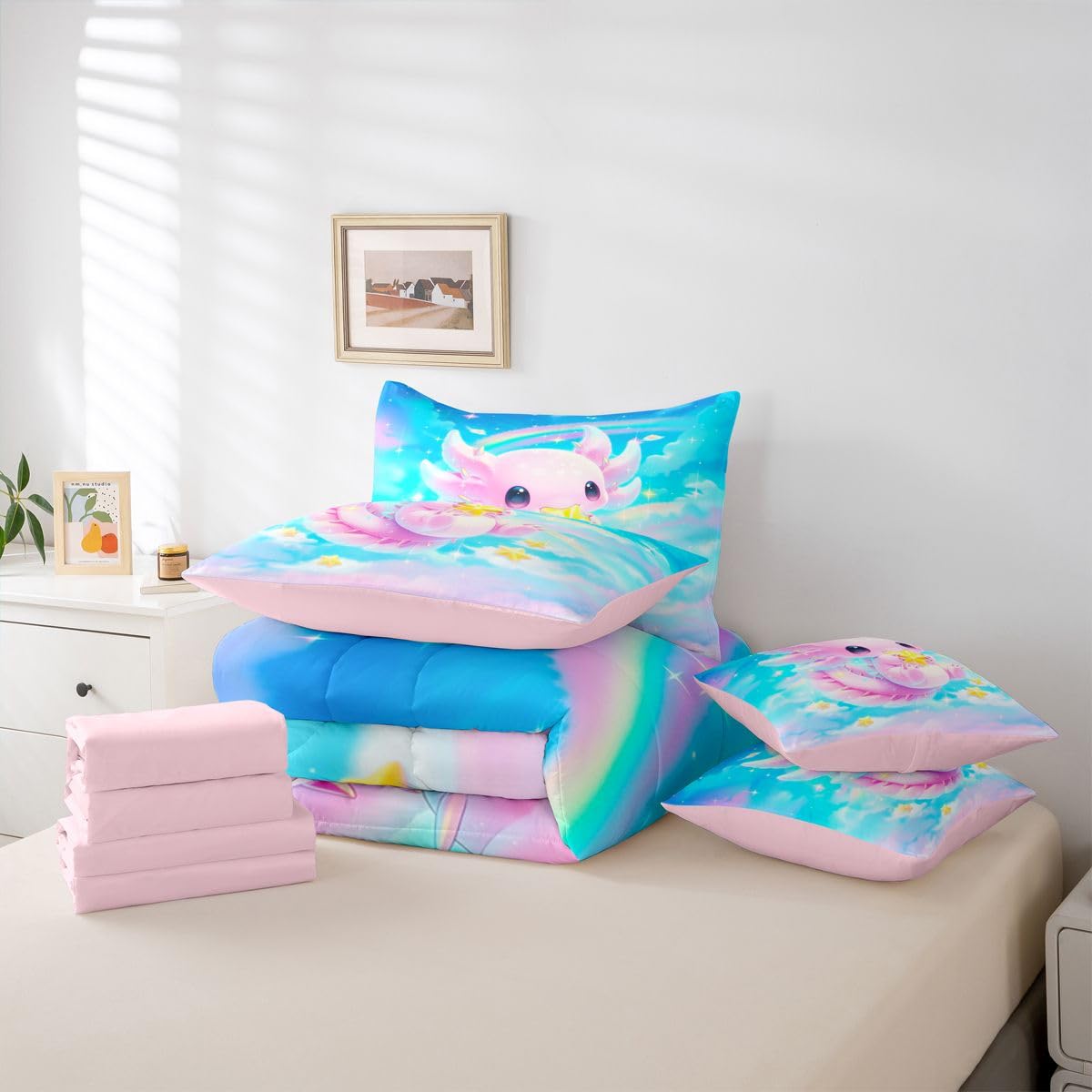 Erosebridal Dreamy Axolotl Queen Bedding Set for Kids Girls Teens Cute Axolotl Comforter Set with Flat and Fitted Sheet Cartoon Stars Blue Sky 7-Piece Bed in a Bag Rainbow Colorful Cloud Quilt Sets