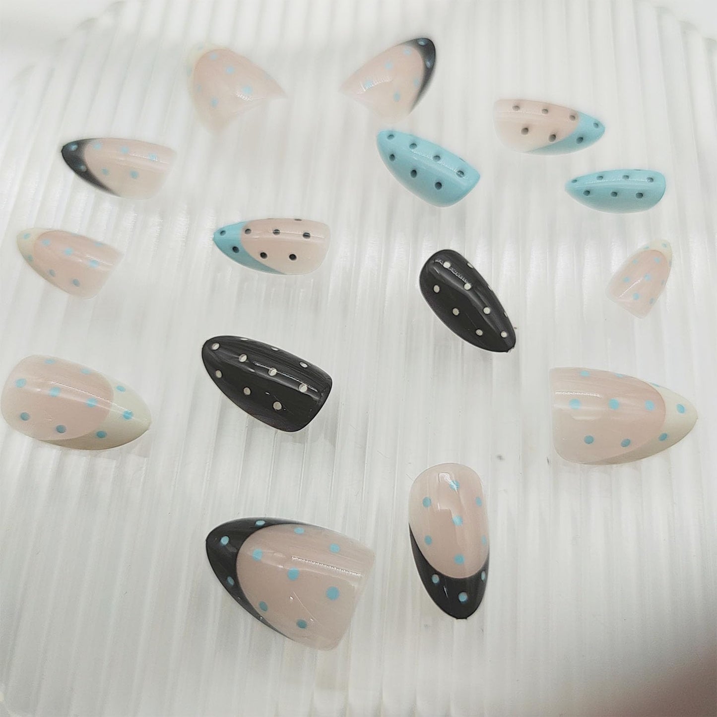 Polka Dot French Tip Press on Nails Short Almond Fake Nails Black White Blue Stick on Nail Full Cover Reusable False Nail for Women 24Pcs