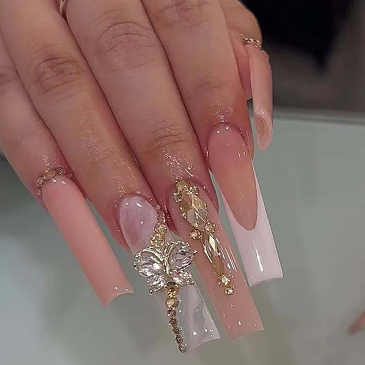 YoYoee Long Square False Nails 3D Butterfly Nails Tips Gradient Nude Press on Nails French Fake Nails for Women and Girls 24PCS