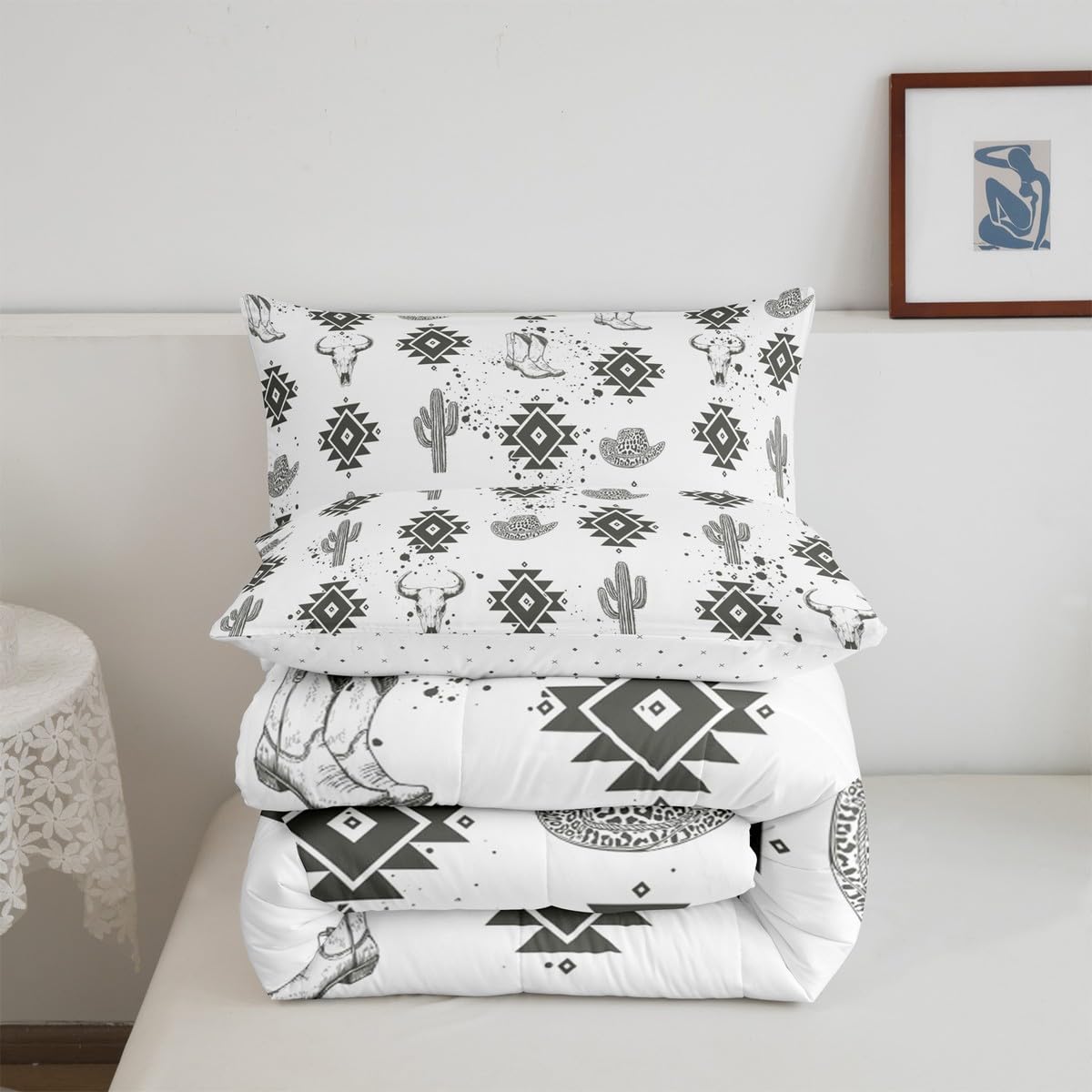 jejeloiu Boho Comforter Set Queen Size Western Decor Bedding Set for Kids Boys Girls Bull Skull Duvet Quilt Cactus Bedroom Decor Microfiber 3 Pcs with 2 Pillow Cases