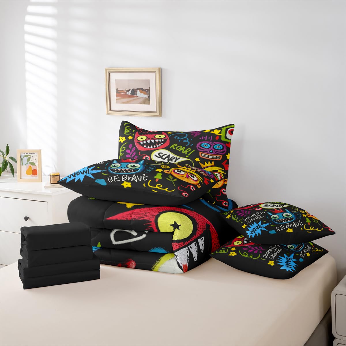 jejeloiu Hippie Graffiti Style Comforter Set Twin Size 7 Pieces Hip Hop Decor Bedding Set for Kids Boys Girls Street Culture Bed in a Bag Bedroom Decor All Season Quilted Breathable Soft Lightweight