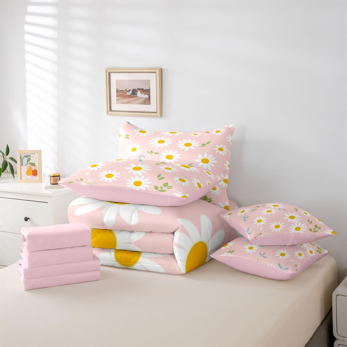 Erosebridal Cute Daisy 7-Piece Bedding Set Twin Size for Teen Girls White and Pink Comforter Set with Sheets for Kids Women Groovy Floral Bed in A Bag Trendy Coquette Flower Bed Sets All Season