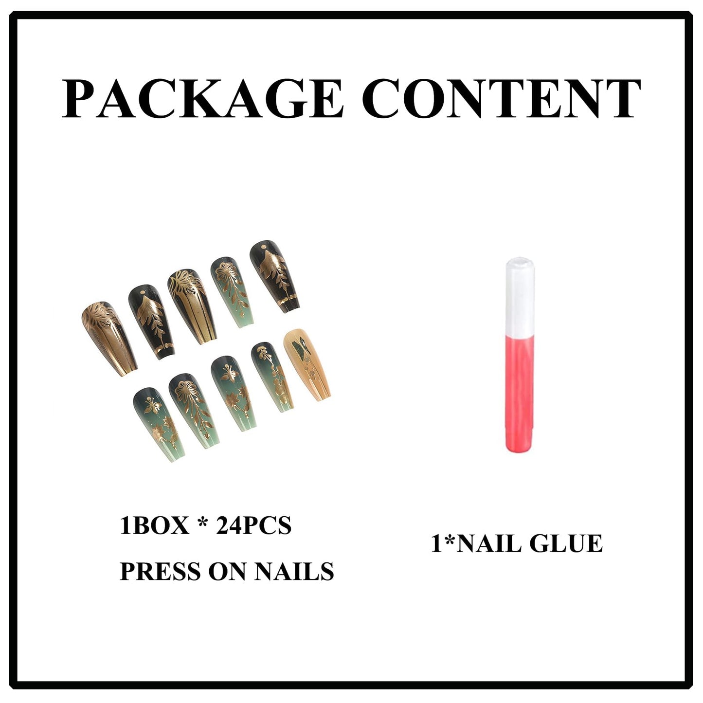 MERVF 24Pcs Long Coffin Press on Green Gold Fake Nails with Flower, Leaf Design Luxury Glue ons Acrylic Glossy Finish Manicure